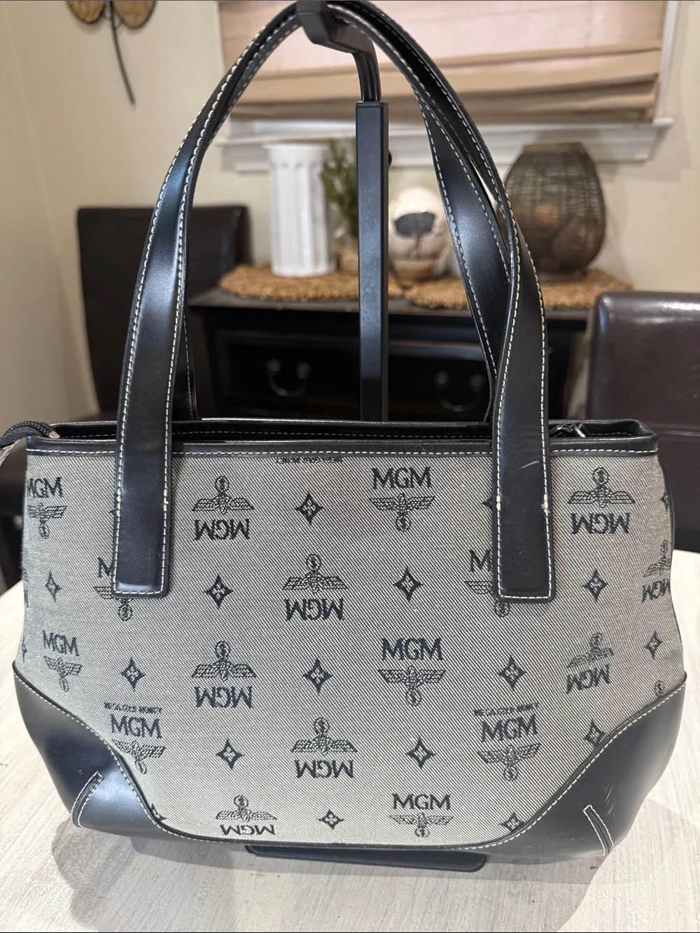 MGM Beige Canvas and Black Leather Messenger Tote